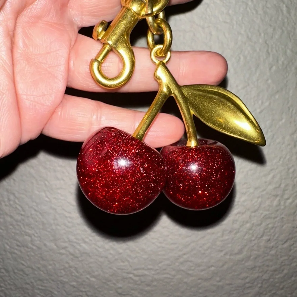 Sparkle Cherry Keychain with brushed gold hardware great to clip into your bag